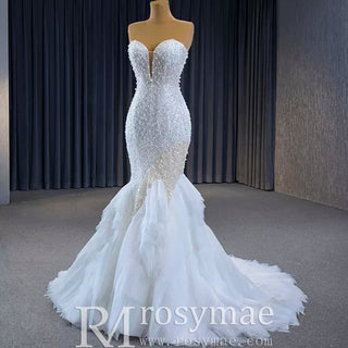 Elegant Fit and Flare Sparkly Wedding Dress with Sweetheart Neck - Rosymae