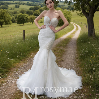 Elegant Fit and Flare Sparkly Wedding Dress with Sweetheart Neck - Rosymae