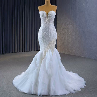 Elegant Fit and Flare Sparkly Wedding Dress with Sweetheart Neck - Rosymae
