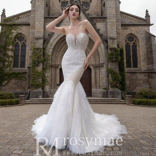 Elegant Fit and Flare Sparkly Wedding Dress with Sweetheart Neck - Rosymae