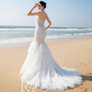 Elegant Fit and Flare Sparkly Wedding Dress with Sweetheart Neck - Rosymae