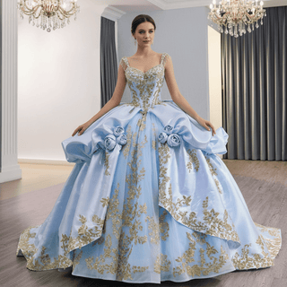 Elegant Floral Baby Blue and Gold Quinceanera Dresses with Ruffle - Rosymae