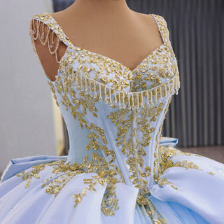 Elegant Floral Baby Blue and Gold Quinceanera Dresses with Ruffle - Rosymae