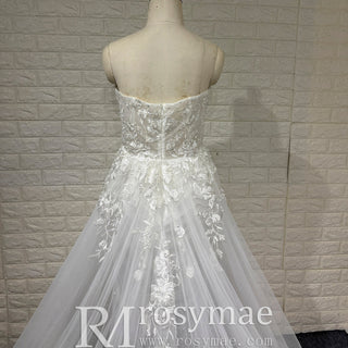 Elegant Floral Lace Appliqued Sheer Bodice A-line Wedding Dress with V-neck - Rosymae