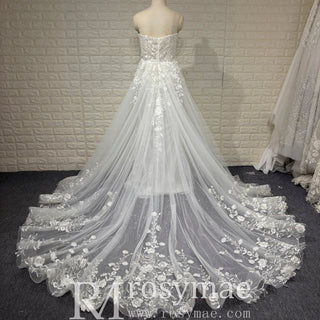 Elegant Floral Lace Appliqued Sheer Bodice A-line Wedding Dress with V-neck - Rosymae