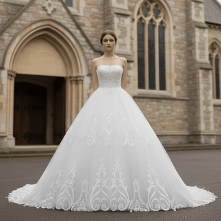 Elegant Floral Lace Ball Gown Wedding Dress with Curved Neckline - Rosymae