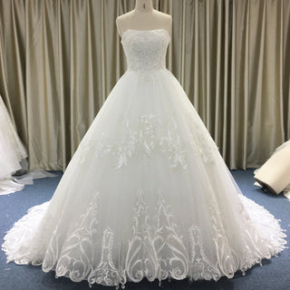 Elegant Floral Lace Ball Gown Wedding Dress with Curved Neckline - Rosymae