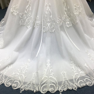 Elegant Floral Lace Ball Gown Wedding Dress with Curved Neckline - Rosymae