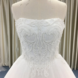 Elegant Floral Lace Ball Gown Wedding Dress with Curved Neckline - Rosymae