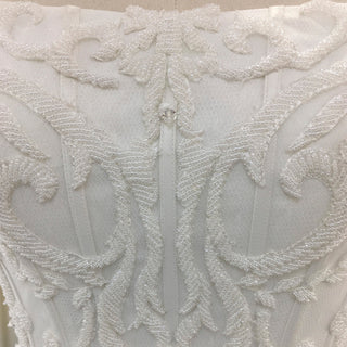 Elegant Floral Lace Ball Gown Wedding Dress with Curved Neckline - Rosymae