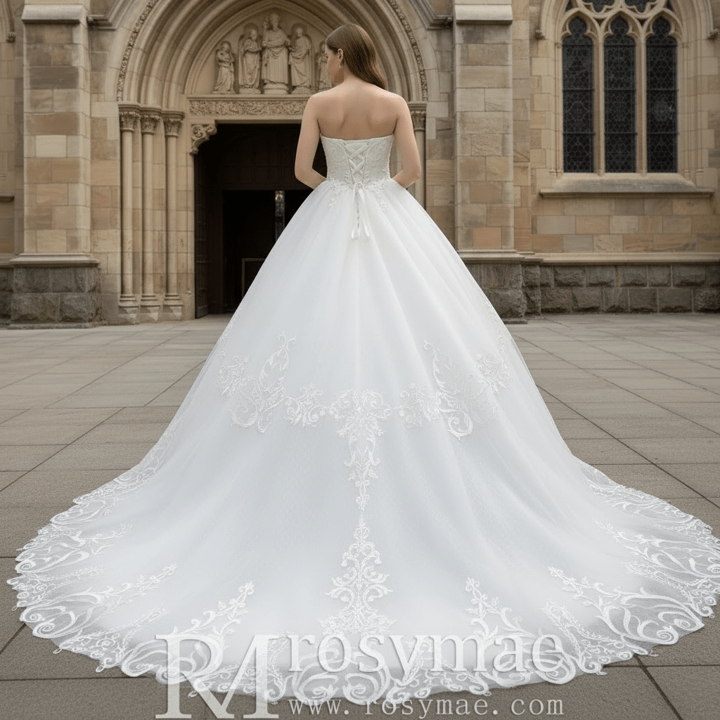 Elegant Floral Lace Ball Gown Wedding Dress with Curved Neckline - Rosymae