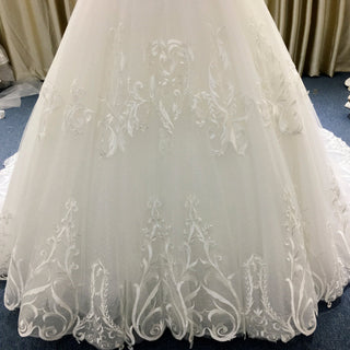 Elegant Floral Lace Ball Gown Wedding Dress with Curved Neckline - Rosymae