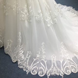 Elegant Floral Lace Ball Gown Wedding Dress with Curved Neckline - Rosymae