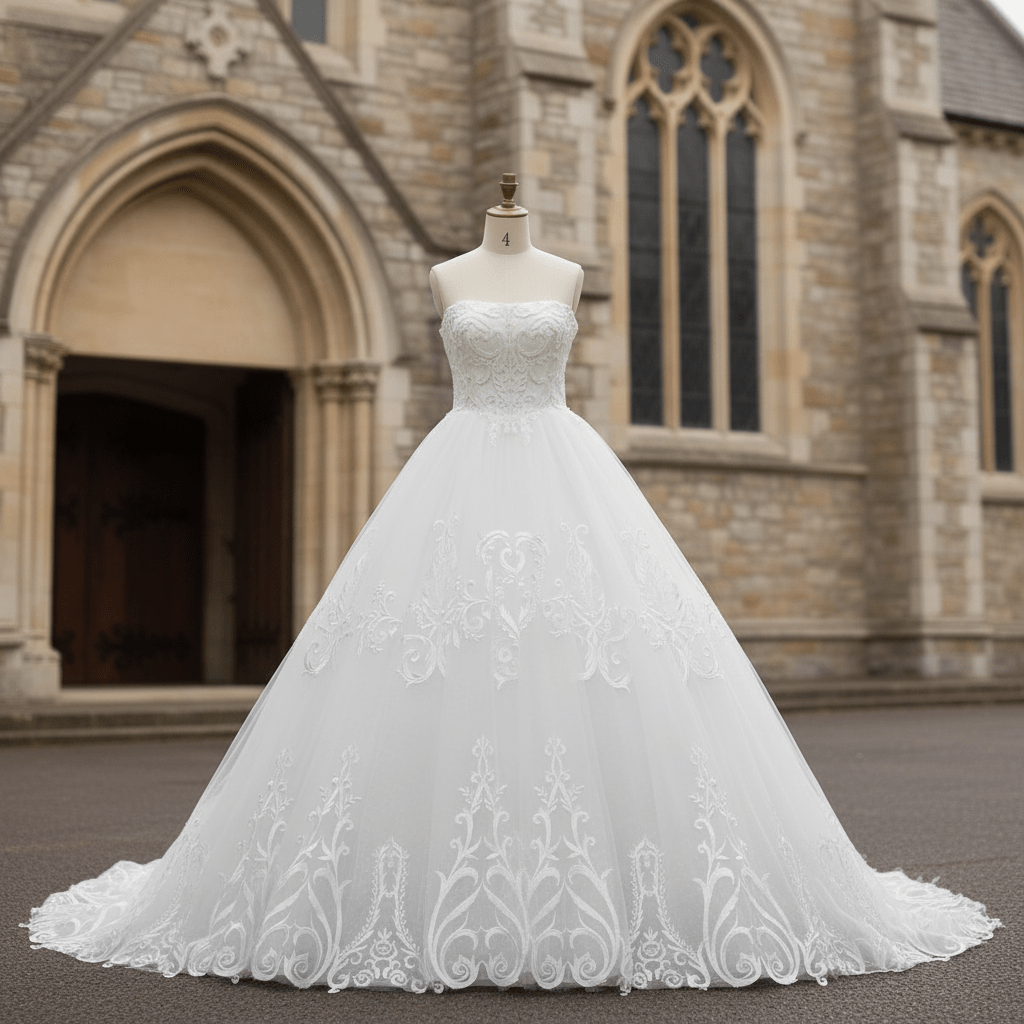 Elegant Floral Lace Ball Gown Wedding Dress with Curved Neckline - Rosymae