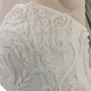 Elegant Floral Lace Ball Gown Wedding Dress with Curved Neckline - Rosymae