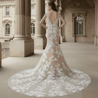 Elegant Floral Lace Trumpet Wedding Dresses with Plunging V-neck - Rosymae