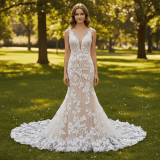 Elegant Floral Lace Trumpet Wedding Dresses with Plunging V-neck - Rosymae