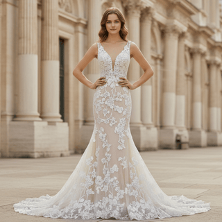 Elegant Floral Lace Trumpet Wedding Dresses with Plunging V-neck - Rosymae