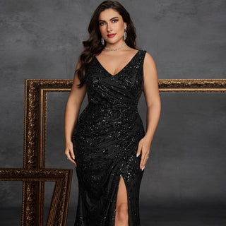Elegant Glamorous Mermaid Plus Size Black Prom Dress with Leg Slit - Rosymae