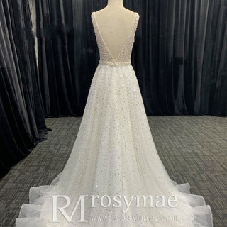 Elegant Glamorous Peals Beaded A-Line V-Neck Wedding Dress - Rosymae