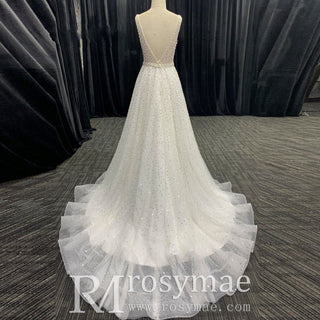 Elegant Glamorous Peals Beaded A-Line V-Neck Wedding Dress - Rosymae