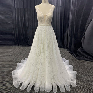 Elegant Glamorous Peals Beaded A-Line V-Neck Wedding Dress - Rosymae