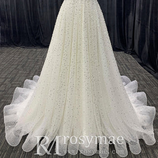 Elegant Glamorous Peals Beaded A-Line V-Neck Wedding Dress - Rosymae
