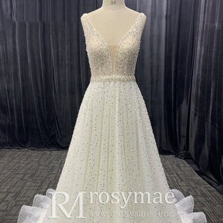 Elegant Glamorous Peals Beaded A-Line V-Neck Wedding Dress - Rosymae