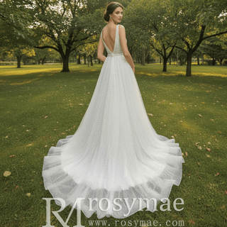 Elegant Glamorous Peals Beaded A-Line V-Neck Wedding Dress - Rosymae