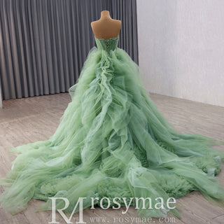 Elegant Green Strapless Tulle Party Dress Formal Gown with Ruffled Skirt - Rosymae