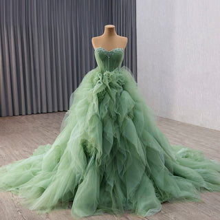 Elegant Green Strapless Tulle Party Dress Formal Gown with Ruffled Skirt - Rosymae