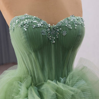 Elegant Green Strapless Tulle Party Dress Formal Gown with Ruffled Skirt - Rosymae