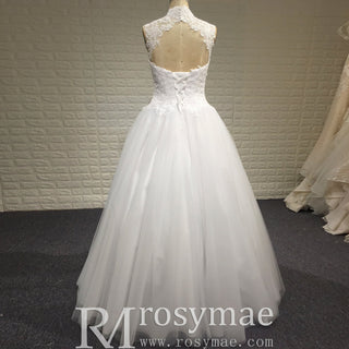 Elegant High Neck A-Line Vintage Wedding Dress with Keyhole Back - Rosymae