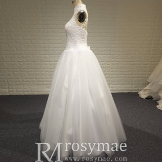 Elegant High Neck A-Line Vintage Wedding Dress with Keyhole Back - Rosymae