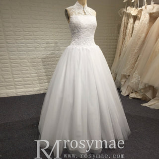 Elegant High Neck A-Line Vintage Wedding Dress with Keyhole Back - Rosymae