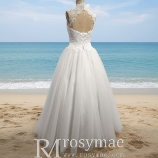 Elegant High Neck A-Line Vintage Wedding Dress with Keyhole Back - Rosymae