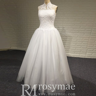Elegant High Neck A-Line Vintage Wedding Dress with Keyhole Back - Rosymae