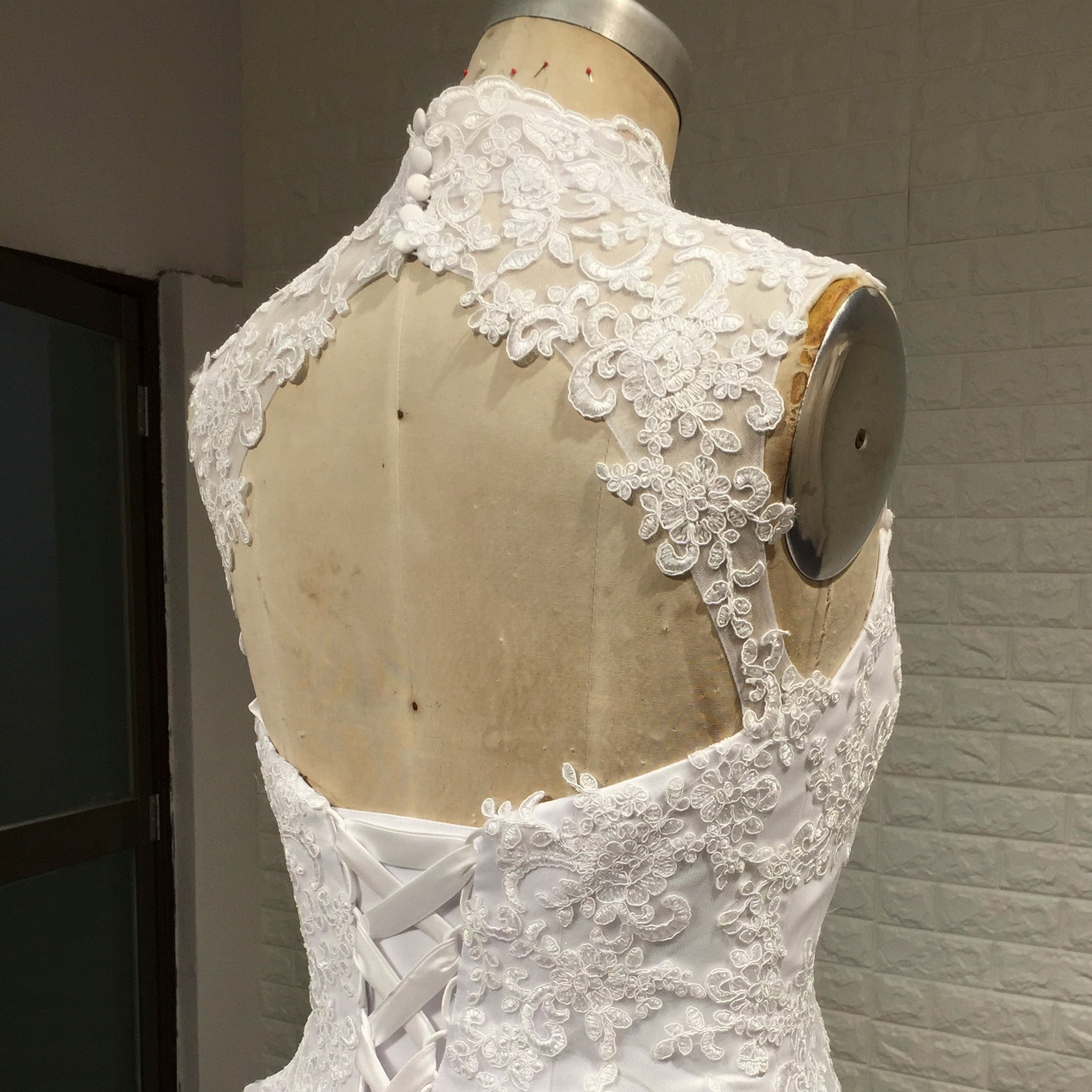 Elegant High Neck A-Line Vintage Wedding Dress with Keyhole Back White / 16W