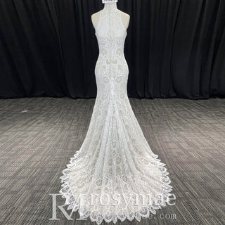 Elegant High-Neck Lace Mermaid Wedding Dresses Bridal Gowns - Rosymae