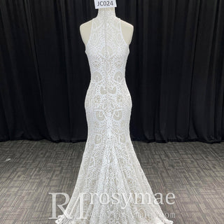 Elegant High-Neck Lace Mermaid Wedding Dresses Bridal Gowns - Rosymae