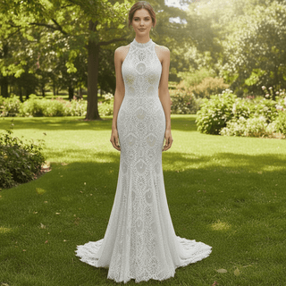 Elegant High-Neck Lace Mermaid Wedding Dresses Bridal Gowns - Rosymae