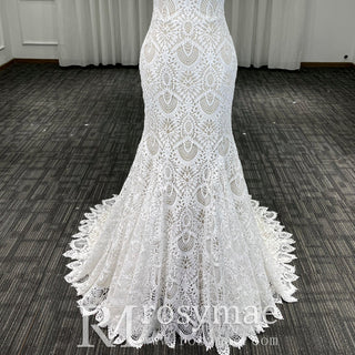 Elegant High-Neck Lace Mermaid Wedding Dresses Bridal Gowns - Rosymae
