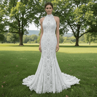 Elegant High-Neck Lace Mermaid Wedding Dresses Bridal Gowns - Rosymae
