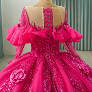 Elegant Hot Pink Long Sleeve 3D Flowers Floral Quinceañera Dress - Rosymae