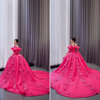 Elegant Hot Pink Long Sleeve 3D Flowers Floral Quinceañera Dress - Rosymae