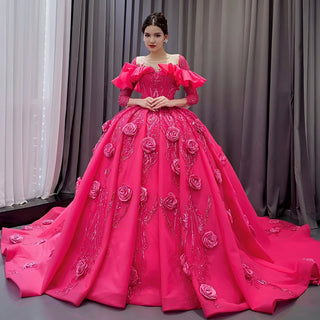 Elegant Hot Pink Long Sleeve 3D Flowers Floral Quinceañera Dress - Rosymae