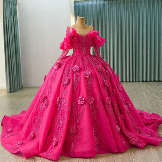 Elegant Hot Pink Long Sleeve 3D Flowers Floral Quinceañera Dress - Rosymae
