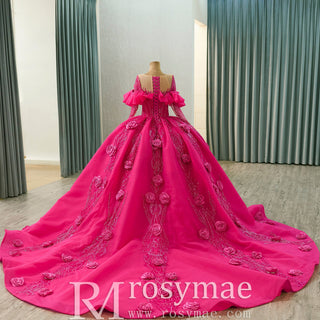 Elegant Hot Pink Long Sleeve 3D Flowers Floral Quinceañera Dress - Rosymae