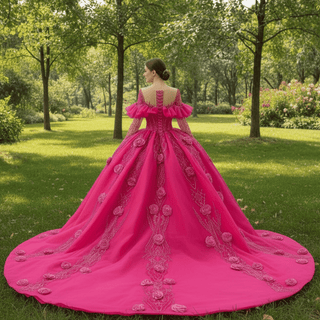Elegant Hot Pink Long Sleeve 3D Flowers Floral Quinceañera Dress - Rosymae