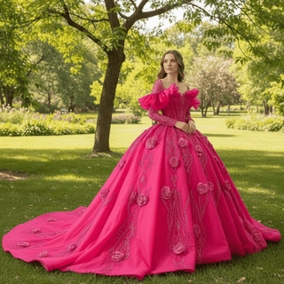 Elegant Hot Pink Long Sleeve 3D Flowers Floral Quinceañera Dress - Rosymae